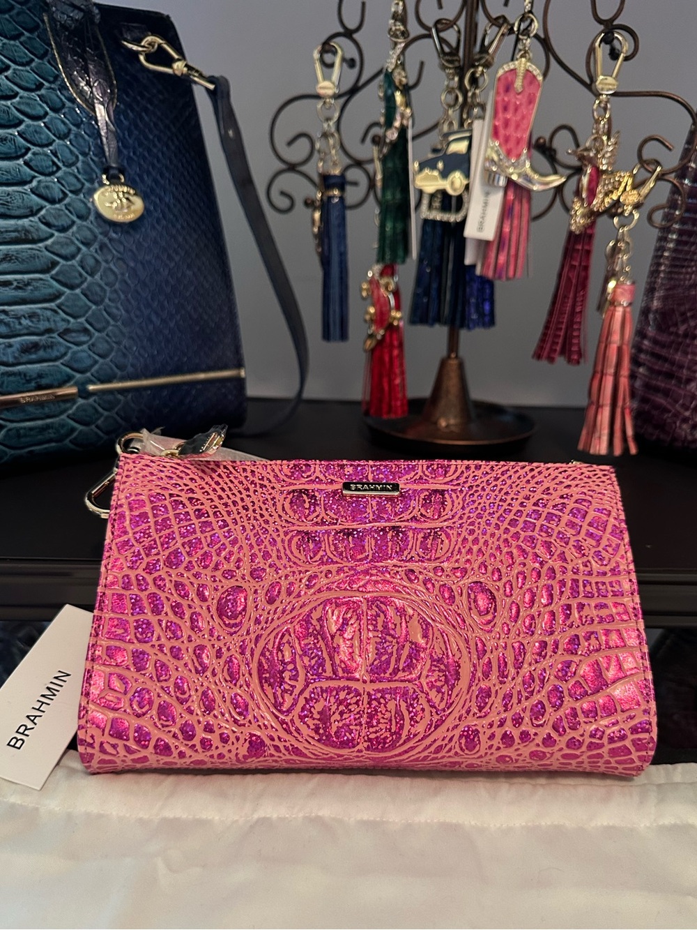 Brahmin Hot Pink Empower Daisy Croc-Embossed Wristlet